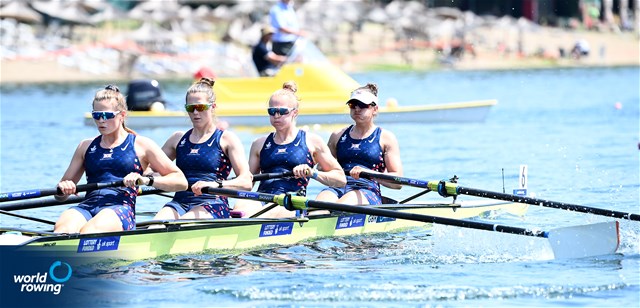 Rowan Mckellar (b), Heidi Long, Samantha Sam Redgrave, Rebecca Shorten (s), Women's Four, Great Britain, 2022 World Rowing Cup I, Belgrade, Serbia / Detlev Seyb/MyRowingPhoto.com