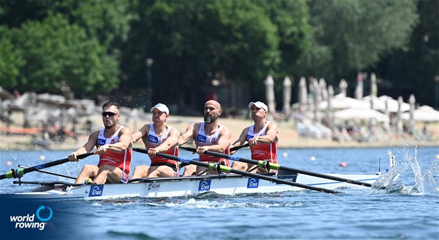 Mateusz Wilangowski (b), Lukasz Posylajka, Mikolaj Burda, Damian Jozefowicz (s), Men's Four, Poland, 2022 World Rowing Cup I, Belgrade, Serbia / Detlev Seyb/MyRowingPhoto.com
