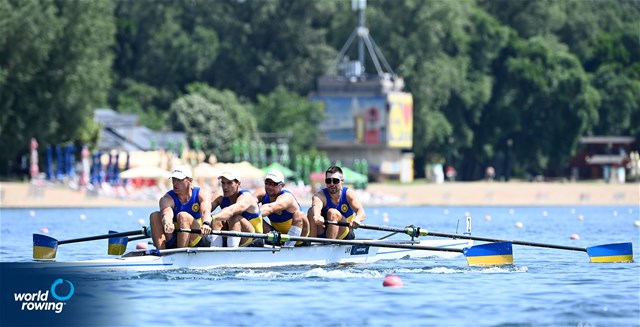 Maksym Boklazhenko (b), Mykola Mazur, Yuriy Ivanov, Sergii Gryn (s), Men's Four, Ukraine, 2022 World Rowing Cup I, Belgrade, Serbia / Detlev Seyb/MyRowingPhoto.com