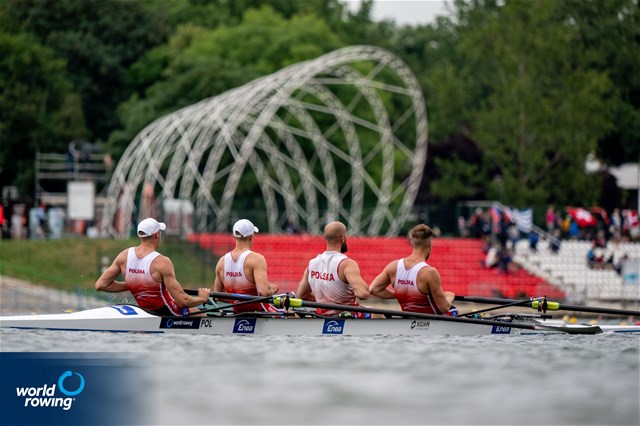 Mateusz Wilangowski (b), Lukasz Posylajka, Mikolaj Burda, Damian Jozefowicz (s), Men's Four, Poland, 2022 World Rowing Cup I, Belgrade, Serbia / World Rowing/Benedict Tufnell