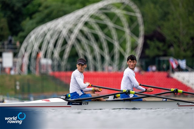 Shakhzod Nurmatov (b), Sobirjon Safaroliyev (s), Lightweight Men's Double Sculls, Uzbekistan, 2022 World Rowing Cup I, Belgrade, Serbia / World Rowing/Benedict Tufnell