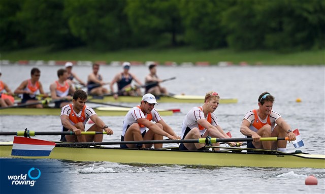 Lars Kreiter (b), Isak Verkaik, Noud Scholten, Jasper Joordens (s), Men's Four, Netherlands, 2022 World Rowing Cup I, Belgrade, Serbia / Detlev Seyb/MyRowingPhoto.com