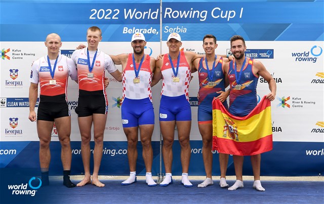 Martin Sinkovic (b), Valent Sinkovic (s), Men's Double Sculls, Croatia, Gold, Miroslaw Zietarski (b), Fabian Baranski (s), Poland, Silver, Aleix Garci Garcia Pujolar (b), Rodrigo Conde Romero (s), Spain, Bronze, 2022 World Rowing Cup I, Belgrade, Serbia / Detlev Seyb/MyRowingPhoto.com