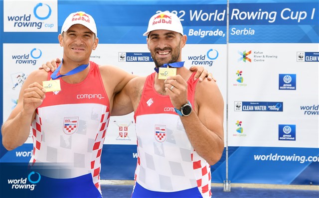 Martin Sinkovic (b), Valent Sinkovic (s), Men's Double Sculls, Croatia, Gold, 2022 World Rowing Cup I, Belgrade, Serbia / Detlev Seyb/MyRowingPhoto.com