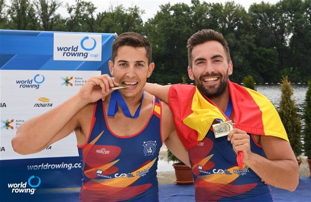 Aleix Garci Garcia Pujolar (b), Rodrigo Conde Romero (s), Men's Double Sculls, Spain, Bronze, 2022 World Rowing Cup I, Belgrade, Serbia / Detlev Seyb/MyRowingPhoto.com