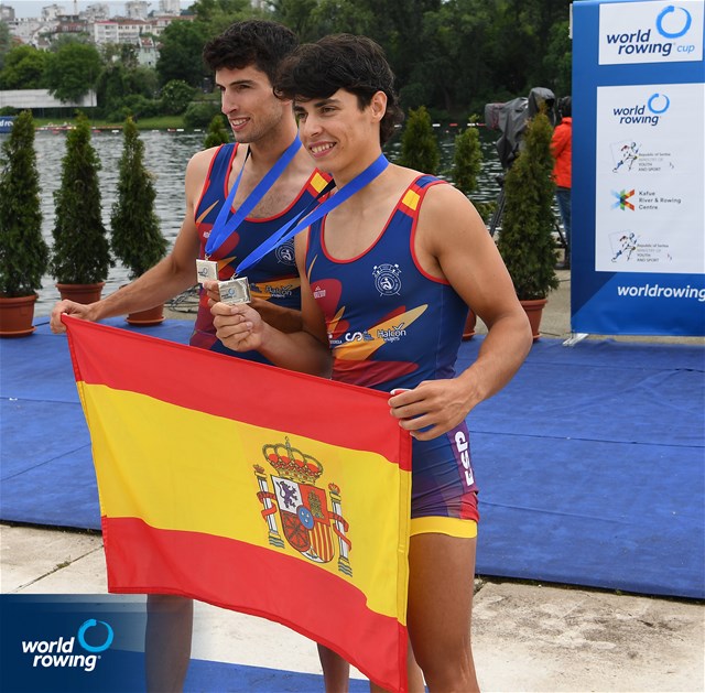 Manel Balastegui (b), Caetano Horta Pombo (s), Lightweight Men's Double Sculls, Spain, Silver, 2022 World Rowing Cup I, Belgrade, Serbia / Detlev Seyb/MyRowingPhoto.com