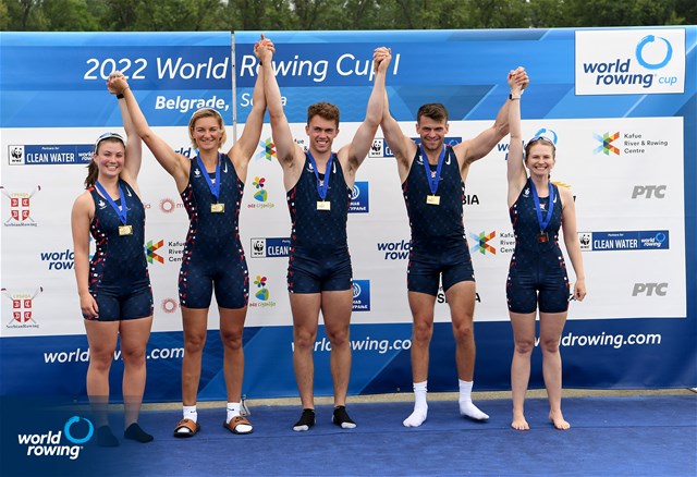 Francesca Allen (b), Giedre Rakauskaite, Edward Fuller, Oliver Stanhope (s), Erin Kennedy (c), PR3 Mixed coxed four , Great Britain, Gold, 2022 World Rowing Cup I, Belgrade, Serbia / Detlev Seyb/MyRowingPhoto.com