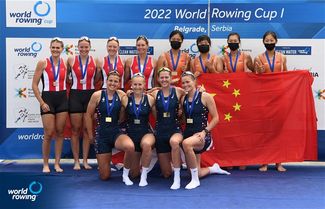 Rowan Mckellar (b), Heidi Long, Samantha Sam Redgrave, Rebecca Shorten (s), Women's Four, Great Britain, Gold, Julie Poulsen (b), Marie Skytte Hauberg Johannesen, Frida Sanggaard Nielsen, Astrid Steensberg (s), Denmark, Silver, Shuxian Zhang (b), Yihui Wu, Xinyu Lin, Xiaoxin Liu (s), People's Republic of China, Bronze, 2022 World Rowing Cup I, Belgrade, Serbia / Detlev Seyb/MyRowingPhoto.com