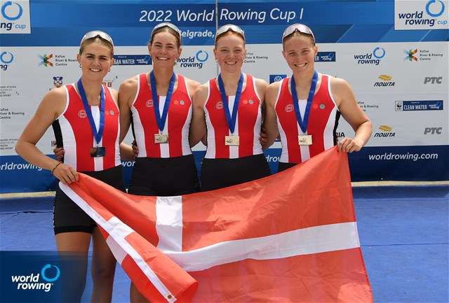 Julie Poulsen (b), Marie Skytte Hauberg Johannesen, Frida Sanggaard Nielsen, Astrid Steensberg (s), Women's Four, Denmark, Silver, 2022 World Rowing Cup I, Belgrade, Serbia / Detlev Seyb/MyRowingPhoto.com