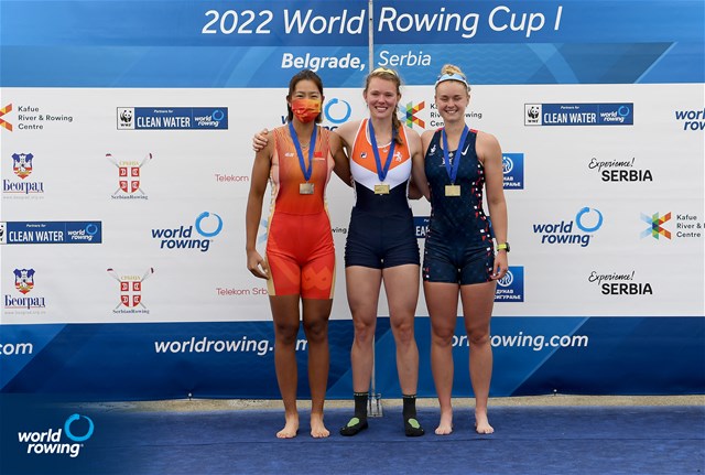 Karolien Florijn, Women's Single Sculls, Netherlands, Gold, Shiyu Lu, People's Republic of China, Silver, Hannah Scott, Great Britain, Bronze, 2022 World Rowing Cup I, Belgrade, Serbia / Detlev Seyb/MyRowingPhoto.com