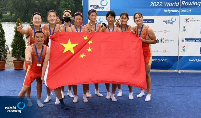 Wen Yu (b), Ning Sun, Xiya Dong, Hongmei Shi, Yan Zhang, Yuxiu Zhou, Hairong Zhang, Yixin Yang (s), Dechang Zhang (c), Women's Eight, People's Republic of China, Silver, 2022 World Rowing Cup I, Belgrade, Serbia / Detlev Seyb/MyRowingPhoto.com
