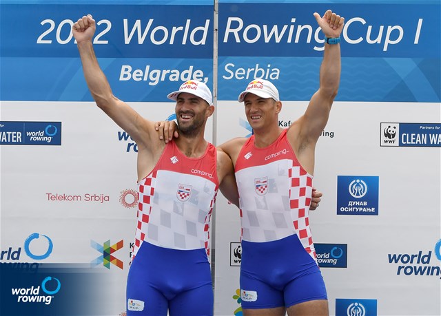 Martin Sinkovic (b), Valent Sinkovic (s), Men's Double Sculls, Croatia, Gold, 2022 World Rowing Cup I, Belgrade, Serbia / Detlev Seyb/MyRowingPhoto.com