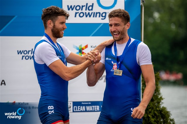 Martin Mackovic (b), Milos Vasic (s), Men's Pair, Serbia, Bronze, 2022 World Rowing Cup I, Belgrade, Serbia / World Rowing/Benedict Tufnell