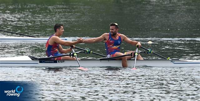 Aleix Garci Garcia Pujolar (b), Rodrigo Conde Romero (s), Men's Double Sculls, Spain, 2022 World Rowing Cup I, Belgrade, Serbia / Detlev Seyb/MyRowingPhoto.com