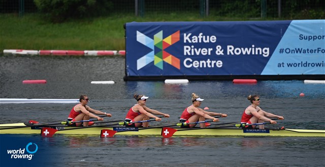 Fabienne Schweizer (b), Salome Ulrich, Celia Dupre, Pascale Walker (s), Women's Quadruple Sculls, Switzerland, 2022 World Rowing Cup I, Belgrade, Serbia / Detlev Seyb/MyRowingPhoto.com
