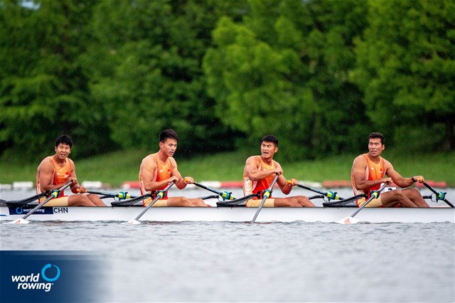 Zhiyu Liu (b), Ha Zang, Xudi Yi, Sulitan Adilijiang (s), Men's Quadruple Sculls, People's Republic of China, 2022 World Rowing Cup I, Belgrade, Serbia / World Rowing/Benedict Tufnell