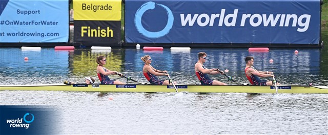 Francesca Allen (b), Giedre Rakauskaite, Edward Fuller, Oliver Stanhope (s), Erin Kennedy (c), PR3 Mixed coxed four , Great Britain, 2022 World Rowing Cup I, Belgrade, Serbia / Detlev Seyb/MyRowingPhoto.com