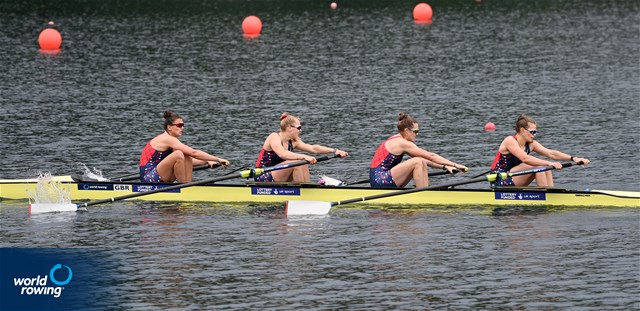 Rowan Mckellar (b), Heidi Long, Samantha Sam Redgrave, Rebecca Shorten (s), Women's Four, Great Britain, 2022 World Rowing Cup I, Belgrade, Serbia / Detlev Seyb/MyRowingPhoto.com