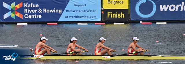 Shuxian Zhang (b), Yihui Wu, Xinyu Lin, Xiaoxin Liu (s), Women's Four, People's Republic of China, 2022 World Rowing Cup I, Belgrade, Serbia / Detlev Seyb/MyRowingPhoto.com