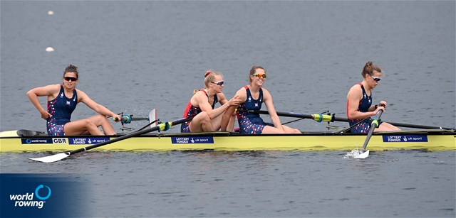 Rowan Mckellar (b), Heidi Long, Samantha Sam Redgrave, Rebecca Shorten (s), Women's Four, Great Britain, 2022 World Rowing Cup I, Belgrade, Serbia / Detlev Seyb/MyRowingPhoto.com
