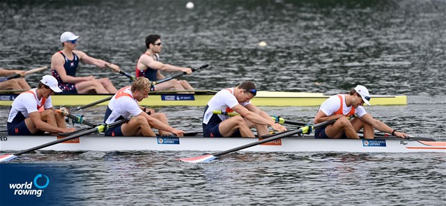 Ralf Rienks (b), Mick Makker, Michiel Mantel, Rik Rienks (s), Men's Four, Netherlands, 2022 World Rowing Cup I, Belgrade, Serbia / Detlev Seyb/MyRowingPhoto.com