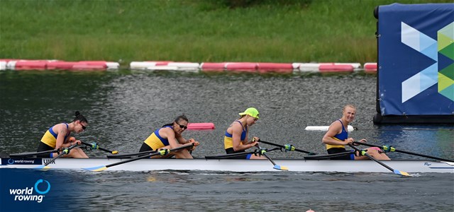 Yevheniia Dovhodko (b), Daryna Verkhogliad, Kateryna Dudchenko, Anastasiia Kozhenkova (s), Women's Quadruple Sculls, Ukraine, 2022 World Rowing Cup I, Belgrade, Serbia / Detlev Seyb/MyRowingPhoto.com