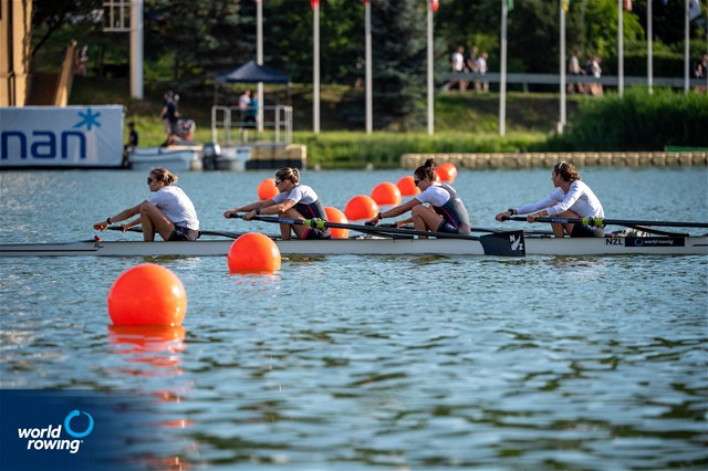 Catherine Layburn (b), Davina Waddy, Beth Ross, Phoebe Spoors (s), Women's Four, New Zealand, 2022 World Rowing Cup II, Poznan, Poland / World Rowing/Benedict Tufnell