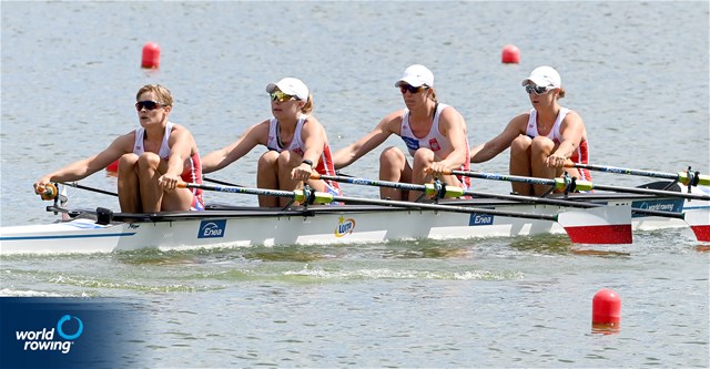 Olga Michalkiewicz (b), Marta Wieliczko, Joanna Dittmann, Katarzyna Zillmann (s), Women's Quadruple Sculls, Poland, 2022 World Rowing Cup II, Poznan, Poland / Detlev Seyb/MyRowingPhoto.com