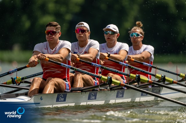 Dominik Czaja (b), Mateusz Biskup, Szymon Posnik, Piotr Plominski (s), Men's Quadruple Sculls, Poland, 2022 World Rowing Cup II, Poznan, Poland / World Rowing/Benedict Tufnell