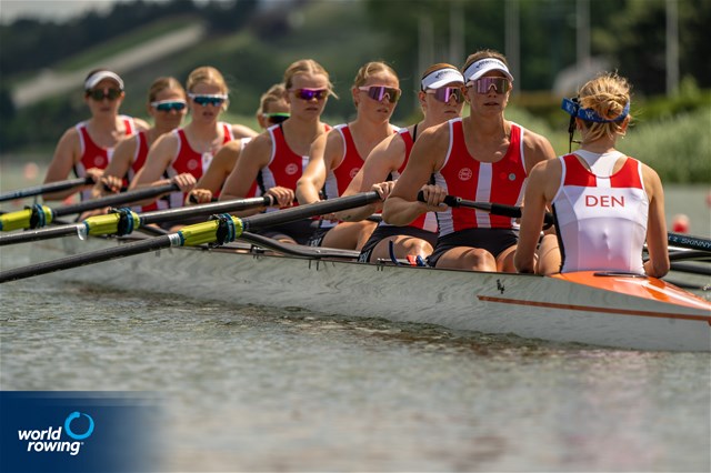 Nikoline Laidlaw (b), Sofie Vikkelsoe, Caroline Munch, Mathilde Elisabeth Kiilgaard, Christine Amalie Meinert Cardel, Marie Skytte Hauberg Johannesen, Frida Sanggaard Nielsen, Astrid Steensberg (s), Sophie Oestergaard (c), Women's Eight, Denmark, 2022 World Rowing Cup II, Poznan, Poland / World Rowing/Benedict Tufnell