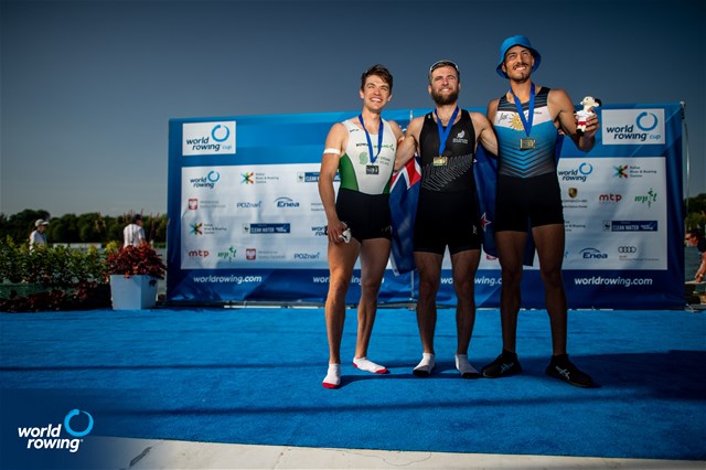 Matthew Robert George Dunham, Lightweight Men's Single Sculls, New Zealand, Gold, Fintan Mc Carthy, Ireland, Silver, Felipe Kluver Ferreira, Uruguay, Bronze, 2022 World Rowing Cup II, Poznan, Poland / World Rowing/Benedict Tufnell