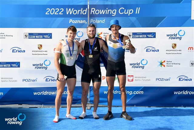 Matthew Robert George Dunham, Lightweight Men's Single Sculls, New Zealand, Gold, Fintan Mc Carthy, Ireland, Silver, Felipe Kluver Ferreira, Uruguay, Bronze, 2022 World Rowing Cup II, Poznan, Poland / Detlev Seyb/MyRowingPhoto.com
