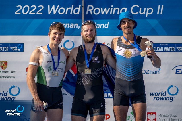 Matthew Robert George Dunham, Lightweight Men's Single Sculls, New Zealand, Gold, Fintan Mc Carthy, Ireland, Silver, Felipe Kluver Ferreira, Uruguay, Bronze, 2022 World Rowing Cup II, Poznan, Poland / World Rowing/Benedict Tufnell