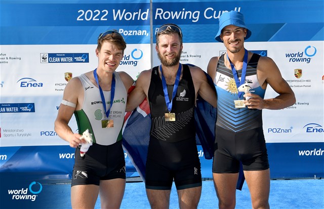 Matthew Robert George Dunham, Lightweight Men's Single Sculls, New Zealand, Gold, Fintan Mc Carthy, Ireland, Silver, Felipe Kluver Ferreira, Uruguay, Bronze, 2022 World Rowing Cup II, Poznan, Poland / Detlev Seyb/MyRowingPhoto.com