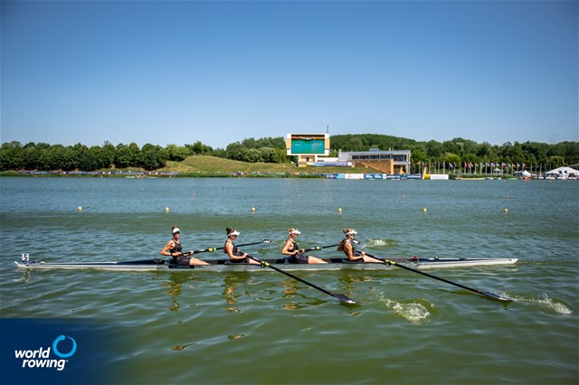 Catherine Layburn (b), Davina Waddy, Beth Ross, Phoebe Spoors (s), Women's Four, New Zealand, 2022 World Rowing Cup II, Poznan, Poland / World Rowing/Benedict Tufnell