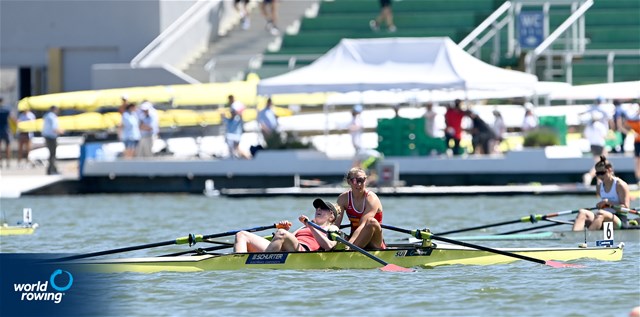 Fabienne Schweizer (b), Nina Wettstein (s), Women's Double Sculls, Switzerland, 2022 World Rowing Cup II, Poznan, Poland / Detlev Seyb/MyRowingPhoto.com