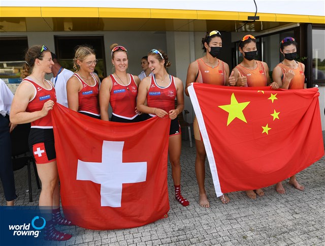 Yunxia Chen (b), Shiyu Lu, Yang Lyu, Xiaotong Cui (s), Women's Quadruple Sculls, People's Republic of China, Gold, Celia Dupre (b), Salome Ulrich, Lisa Loetscher, Pascale Walker (s), Switzerland, Silver, 2022 World Rowing Cup II, Poznan, Poland / Detlev Seyb/MyRowingPhoto.com