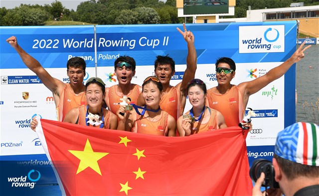 Yunxia Chen (b), Shiyu Lu, Yang Lyu, Xiaotong Cui (s), Women's Quadruple Sculls, People's Republic of China, Gold, Ha Zang (b), Xudi Yi, Zhiyu Liu, Sulitan Adilijiang (s), Men's Quadruple Sculls, People's Republic of China, Gold, 2022 World Rowing Cup II, Poznan, Poland / Detlev Seyb/MyRowingPhoto.com