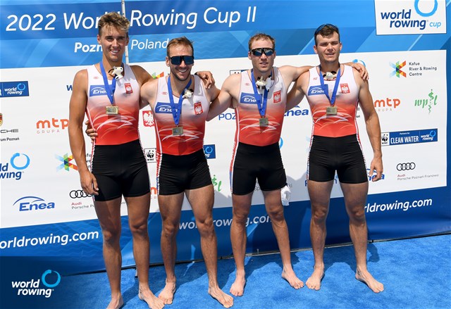 Dominik Czaja (b), Mateusz Biskup, Szymon Posnik, Piotr Plominski (s), Men's Quadruple Sculls, Poland, Bronze, 2022 World Rowing Cup II, Poznan, Poland / Detlev Seyb/MyRowingPhoto.com