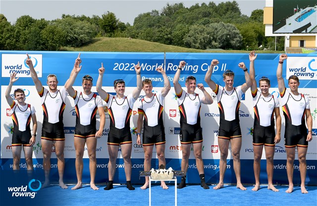 Olaf Roggensack (b), Jasper Angl, Julian Garth, Laurits Follert, Benedict Eggeling, Torben Johannesen, Wolf-Niclas Schroeder, Mattes Schoenherr (s), Jonas Wiesen (c), Men's Eight, Germany, Gold, 2022 World Rowing Cup II, Poznan, Poland / Detlev Seyb/MyRowingPhoto.com