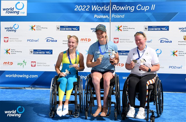 Birgit Skarstein, PR1 Womens Single Sculls, Norway, Gold, Anna Sheremet, Ukraine, Silver, Manuela Diening, Germany, Bronze, 2022 World Rowing Cup II, Poznan, Poland / Detlev Seyb/MyRowingPhoto.com