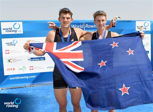 Matt Macdonald (b), Thomas Mackintosh (s), Men's Pair, New Zealand, Gold, 2022 World Rowing Cup II, Poznan, Poland / Detlev Seyb/MyRowingPhoto.com