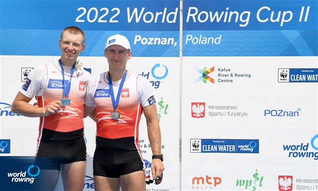 Miroslaw Zietarski (b), Fabian Baranski (s), Men's Double Sculls, Poland, Silver, 2022 World Rowing Cup II, Poznan, Poland / Detlev Seyb/MyRowingPhoto.com