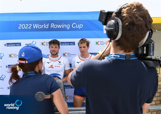 Hugo Beurey (b), Ferdinand Ludwig (s), Lightweight Men's Double Sculls, France, Silver, 2022 World Rowing Cup II, Poznan, Poland / Detlev Seyb/MyRowingPhoto.com