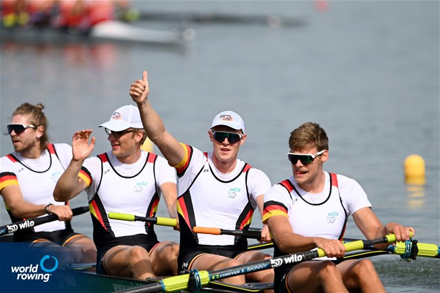 Theis Hagemeister (b), Malte Grossmann, Max John, Marc Kammann (s), Men's Four, Germany, 2022 World Rowing Cup II, Poznan, Poland / Detlev Seyb/MyRowingPhoto.com