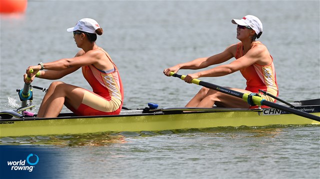 Xinyu Lin (b), Xiaoxin Liu (s), Women's Pair, People's Republic of China, 2022 World Rowing Cup II, Poznan, Poland / Detlev Seyb/MyRowingPhoto.com