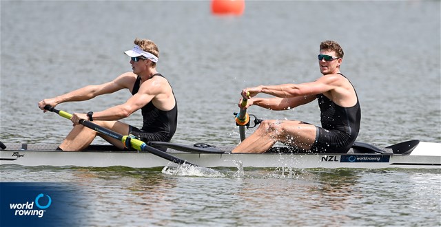Matt Macdonald (b), Thomas Mackintosh (s), Men's Pair, New Zealand, 2022 World Rowing Cup II, Poznan, Poland / Detlev Seyb/MyRowingPhoto.com