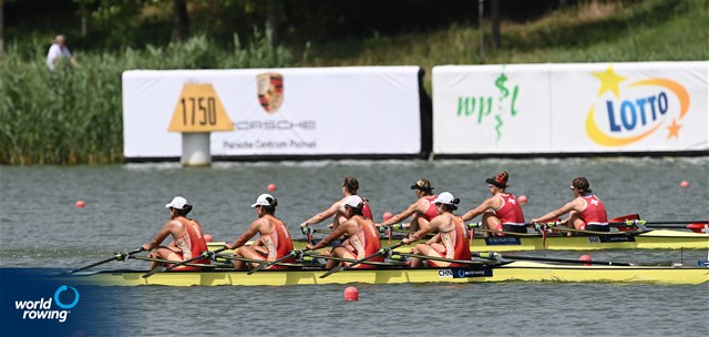 Yunxia Chen (b), Shiyu Lu, Yang Lyu, Xiaotong Cui (s), Women's Quadruple Sculls, People's Republic of China, 2022 World Rowing Cup II, Poznan, Poland / Detlev Seyb/MyRowingPhoto.com