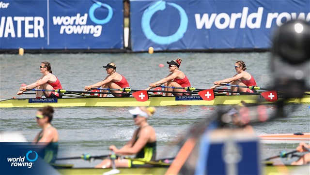 Celia Dupre (b), Salome Ulrich, Lisa Loetscher, Pascale Walker (s), Women's Quadruple Sculls, Switzerland, 2022 World Rowing Cup II, Poznan, Poland / Detlev Seyb/MyRowingPhoto.com