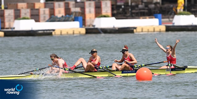 Celia Dupre (b), Salome Ulrich, Lisa Loetscher, Pascale Walker (s), Women's Quadruple Sculls, Switzerland, 2022 World Rowing Cup II, Poznan, Poland / Detlev Seyb/MyRowingPhoto.com